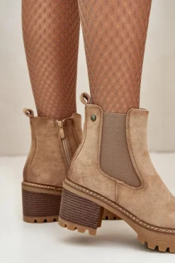 Boto Botki Damskie Ocieplane Na Słupku Eko Zamszowe Beżowe Irissinae