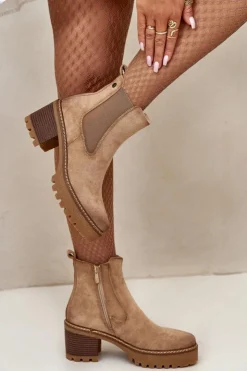 Boto Botki Damskie Ocieplane Na Słupku Eko Zamszowe Beżowe Irissinae