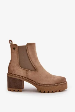 Boto Botki Damskie Ocieplane Na Słupku Eko Zamszowe Beżowe Irissinae