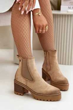 Boto Botki Damskie Ocieplane Na Słupku Eko Zamszowe Beżowe Irissinae