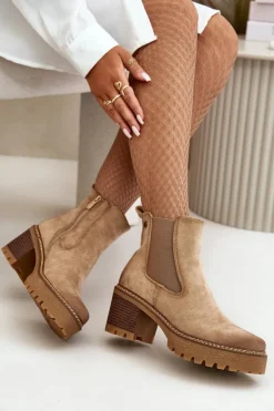 Boto Botki Damskie Ocieplane Na Słupku Eko Zamszowe Beżowe Irissinae