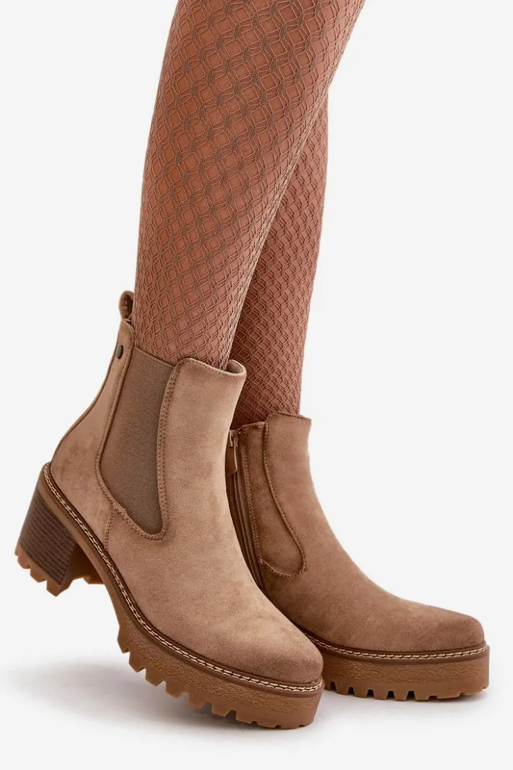 Boto Botki Damskie Ocieplane Na Słupku Eko Zamszowe Beżowe Irissinae