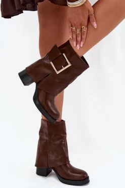 Damskie Boto Botki Damskie Ocieplane Na Słupku Ze Złotą Klamrą Brązowe Milira