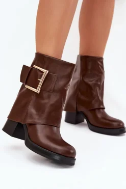 Damskie Boto Botki Damskie Ocieplane Na Słupku Ze Złotą Klamrą Brązowe Milira