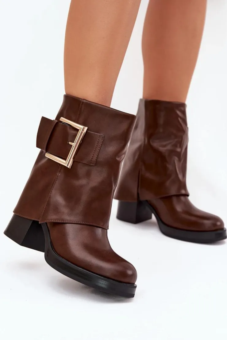 Damskie Boto Botki Damskie Ocieplane Na Słupku Ze Złotą Klamrą Brązowe Milira
