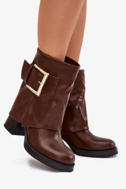 Damskie Boto Botki Damskie Ocieplane Na Słupku Ze Złotą Klamrą Brązowe Milira