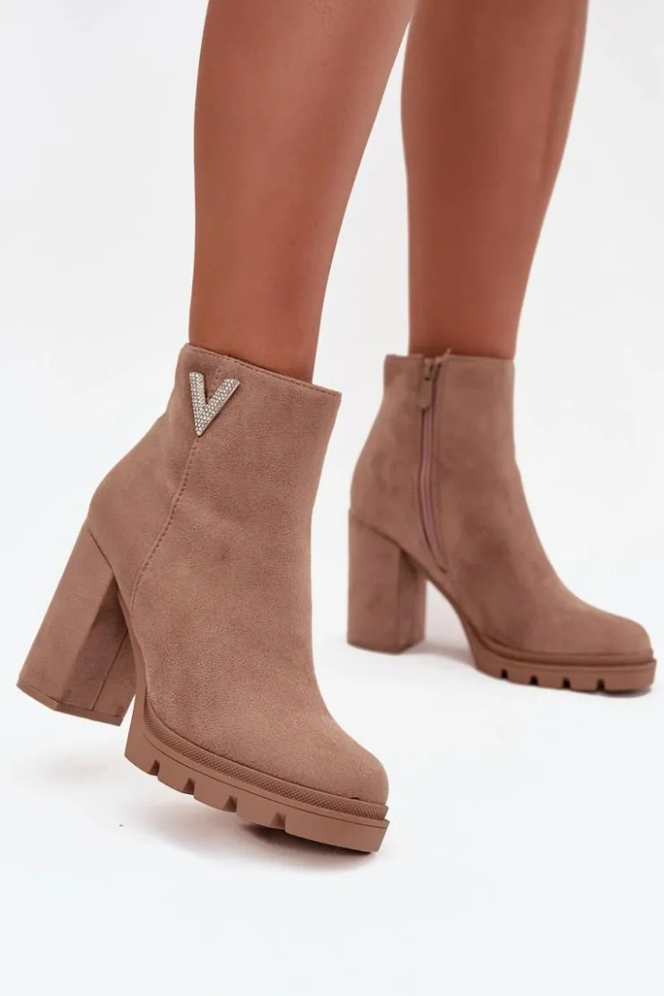 Damskie Boto Botki Damskie Ocieplane Na Słupku Z Ozdobnym Detalem Beżowe Briella