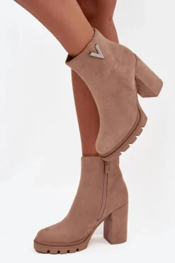 Damskie Boto Botki Damskie Ocieplane Na Słupku Z Ozdobnym Detalem Beżowe Briella