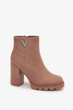 Damskie Boto Botki Damskie Ocieplane Na Słupku Z Ozdobnym Detalem Beżowe Briella