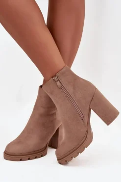 Damskie Boto Botki Damskie Ocieplane Na Słupku Z Ozdobnym Detalem Beżowe Briella