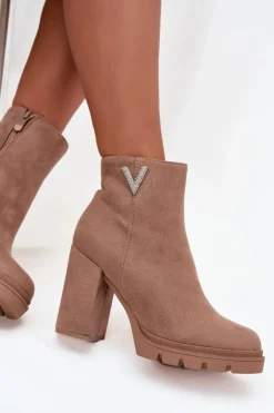 Damskie Boto Botki Damskie Ocieplane Na Słupku Z Ozdobnym Detalem Beżowe Briella