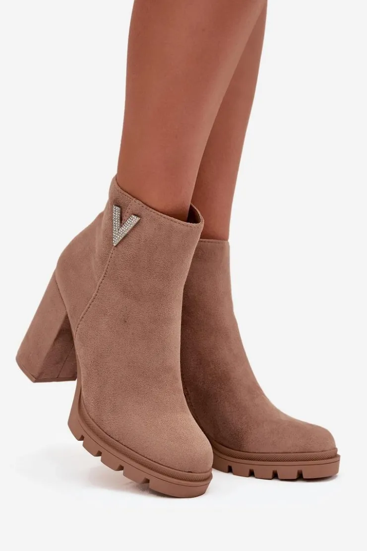 Damskie Boto Botki Damskie Ocieplane Na Słupku Z Ozdobnym Detalem Beżowe Briella