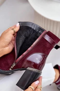 Damskie buty S.Barski Botki Na Słupku|Czarne Botki*Botki Damskie Ocieplane Na Obcasie Słupku Z Ozdobną Klamrą D&A MR880-085 Bordowe