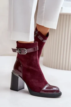 Damskie buty S.Barski Botki Na Słupku|Czarne Botki*Botki Damskie Ocieplane Na Obcasie Słupku Z Ozdobną Klamrą D&A MR880-085 Bordowe