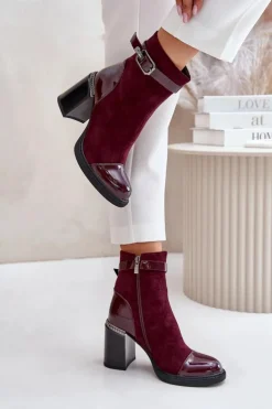 Damskie buty S.Barski Botki Na Słupku|Czarne Botki*Botki Damskie Ocieplane Na Obcasie Słupku Z Ozdobną Klamrą D&A MR880-085 Bordowe