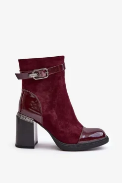 Damskie buty S.Barski Botki Na Słupku|Czarne Botki*Botki Damskie Ocieplane Na Obcasie Słupku Z Ozdobną Klamrą D&A MR880-085 Bordowe