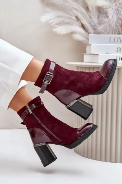 Damskie buty S.Barski Botki Na Słupku|Czarne Botki*Botki Damskie Ocieplane Na Obcasie Słupku Z Ozdobną Klamrą D&A MR880-085 Bordowe
