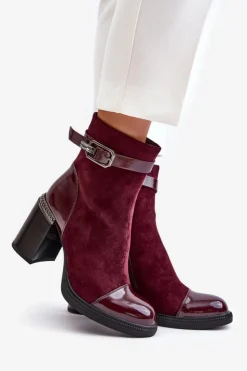 Damskie buty S.Barski Botki Na Słupku|Czarne Botki*Botki Damskie Ocieplane Na Obcasie Słupku Z Ozdobną Klamrą D&A MR880-085 Bordowe