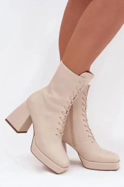 Damskie Boto Botki Damskie Ocieplane Na Słupku Ze Sznurowaniem Jasnobeżowe Juvina