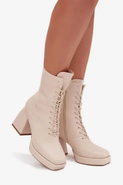 Damskie Boto Botki Damskie Ocieplane Na Słupku Ze Sznurowaniem Jasnobeżowe Juvina