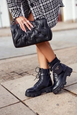 Outlet Boto Botki Damskie Ocieplane Na Platformie z Nerką Czarne Tension