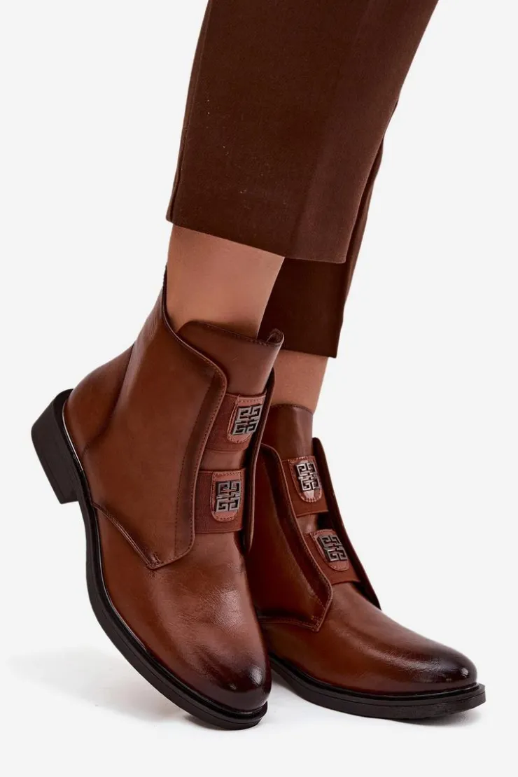 Evento Botki Ocieplane|Czarne Botki*Botki Damskie Ocieplane Na Niskim Obcasie Z Ozdobami Brązowe Tavressa Brązowy