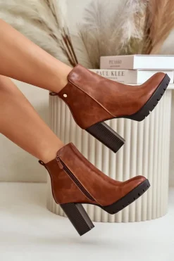 Damskie Boto Botki Damskie Ocieplane Na Wysokim Słupku Zapinane Na Zamek Camel Bioria