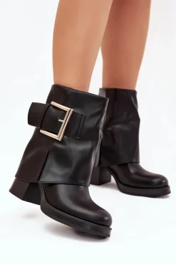 Outlet Boto Botki Damskie Ocieplane Na Słupku Ze Złotą Klamrą Czarne Milira