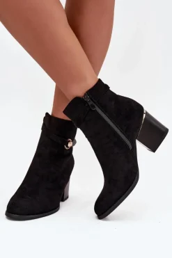 Clearance Boto Botki Damskie Ocieplane Na Słupku Z Ozdobnym Paskiem Czarne Galissa Czarny