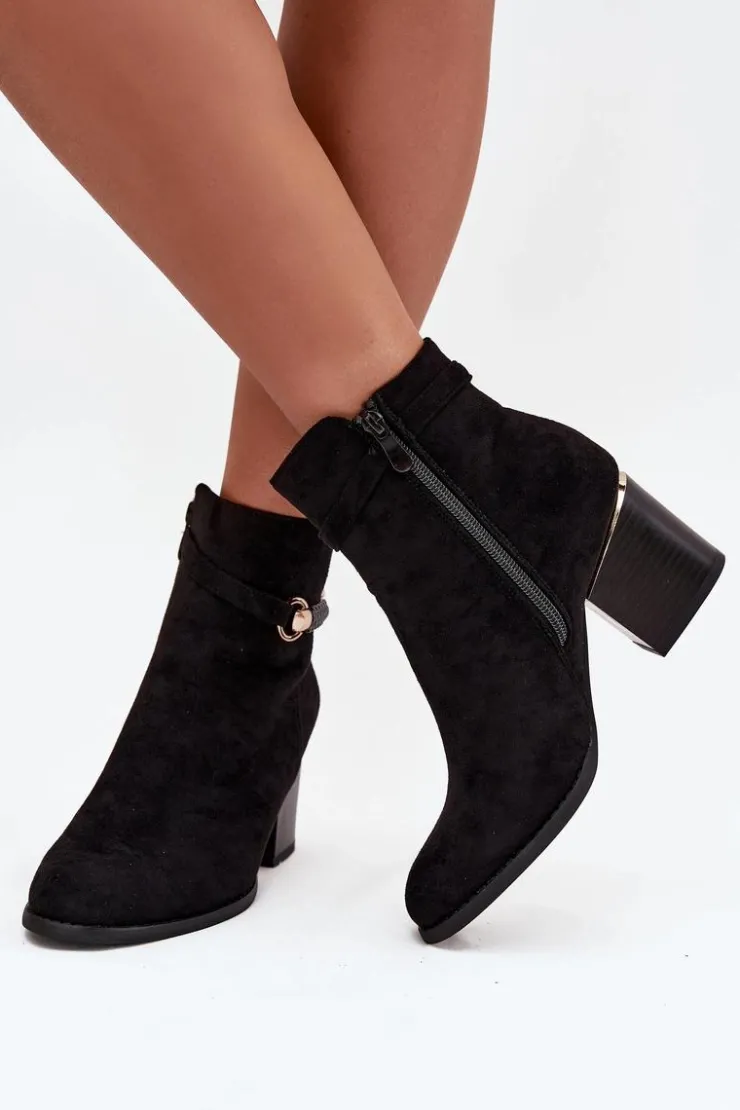 Clearance Boto Botki Damskie Ocieplane Na Słupku Z Ozdobnym Paskiem Czarne Galissa Czarny