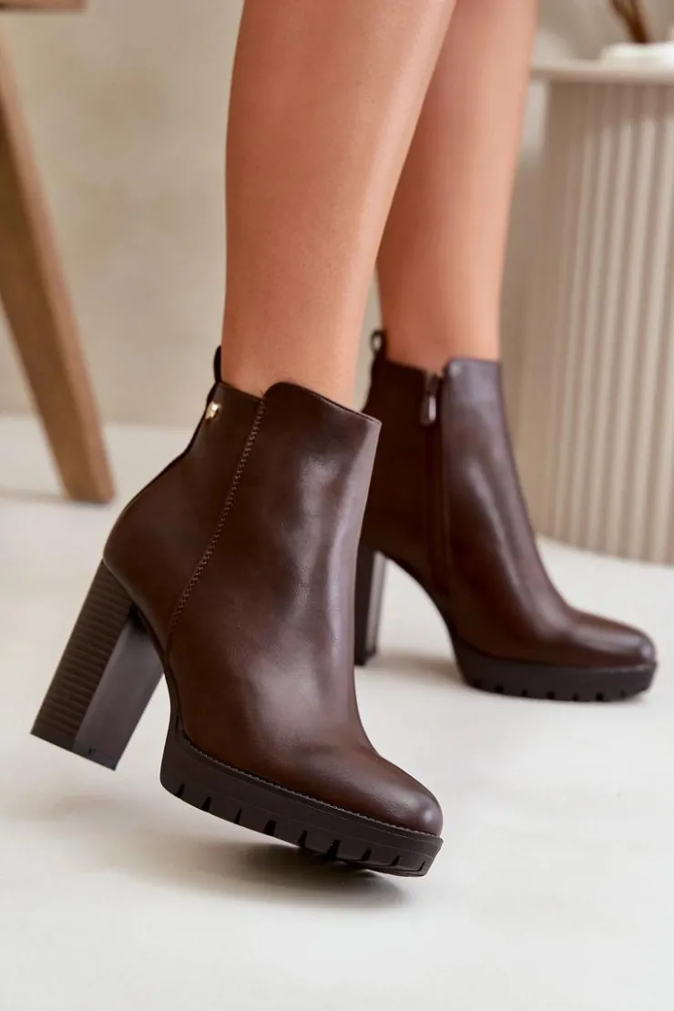 Boto Botki Damskie Ocieplane Na Wysokim Słupku Zapinane Na Zamek Ciemnobrązowe Bioria