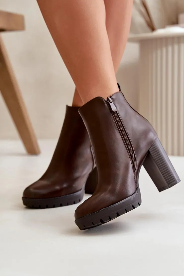 Boto Botki Damskie Ocieplane Na Wysokim Słupku Zapinane Na Zamek Ciemnobrązowe Bioria