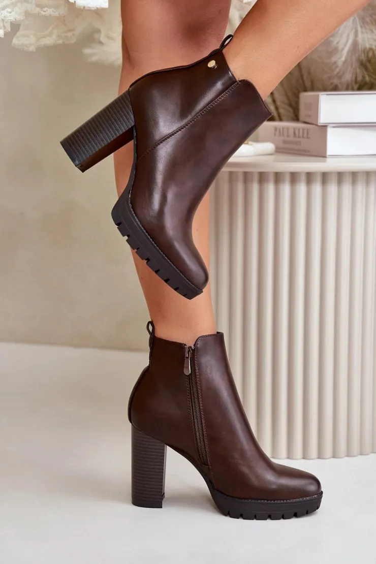 Boto Botki Damskie Ocieplane Na Wysokim Słupku Zapinane Na Zamek Ciemnobrązowe Bioria