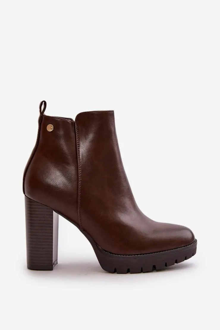 Boto Botki Damskie Ocieplane Na Wysokim Słupku Zapinane Na Zamek Ciemnobrązowe Bioria