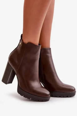 Boto Botki Damskie Ocieplane Na Wysokim Słupku Zapinane Na Zamek Ciemnobrązowe Bioria