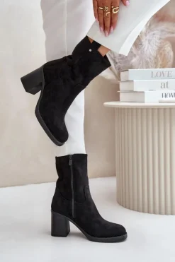 Outlet Boto Botki Damskie Ocieplane Na Obcasie Słupku Eko Zamszowe Czarne Vellinga