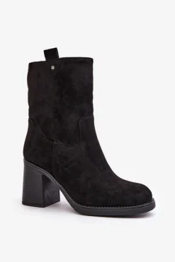 Outlet Boto Botki Damskie Ocieplane Na Obcasie Słupku Eko Zamszowe Czarne Vellinga