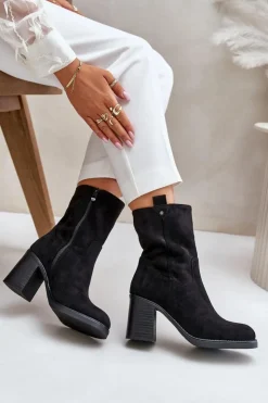 Outlet Boto Botki Damskie Ocieplane Na Obcasie Słupku Eko Zamszowe Czarne Vellinga