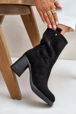 Outlet Boto Botki Damskie Ocieplane Na Obcasie Słupku Eko Zamszowe Czarne Vellinga