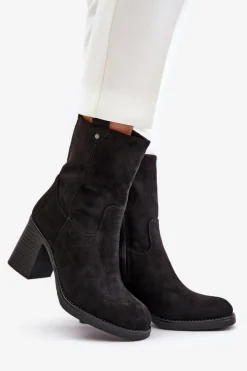 Outlet Boto Botki Damskie Ocieplane Na Obcasie Słupku Eko Zamszowe Czarne Vellinga