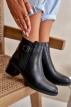 New Boto Botki Damskie Ocieplane Na Słupku Z Klamrą Czarne Nevillira Czarny