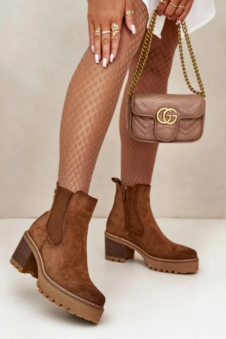 Damskie Boto Botki Damskie Ocieplane Na Słupku Eko Zamszowe Brązowe Irissinae