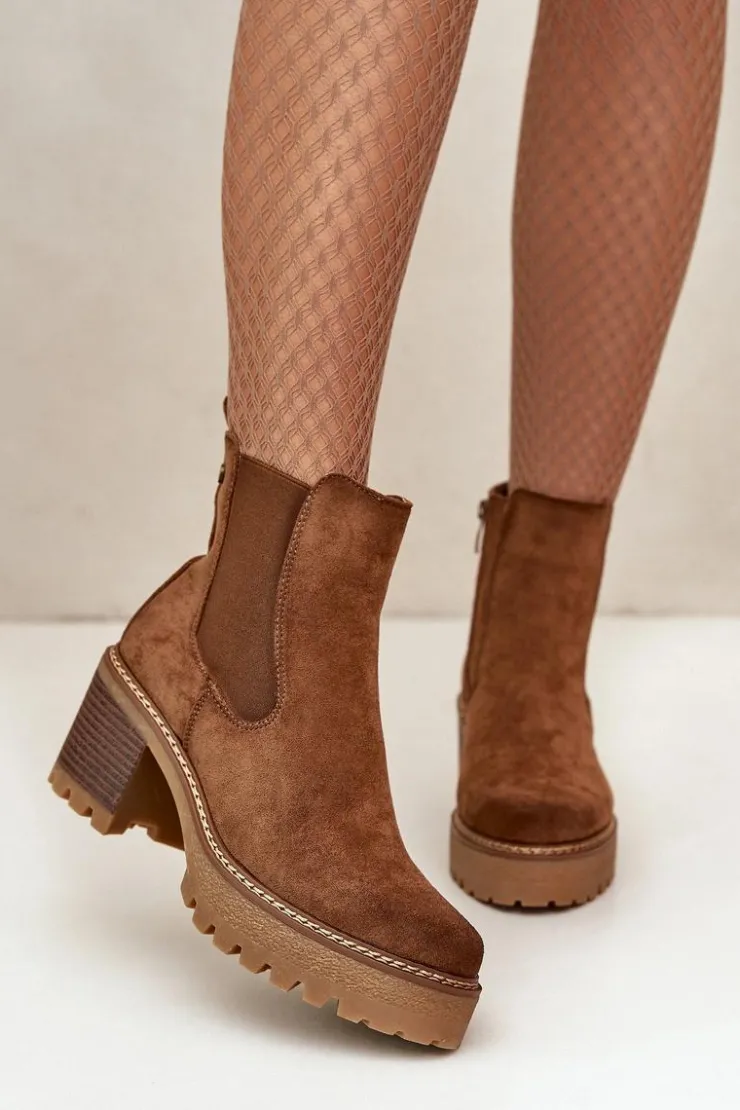 Damskie Boto Botki Damskie Ocieplane Na Słupku Eko Zamszowe Brązowe Irissinae