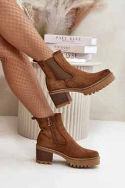 Damskie Boto Botki Damskie Ocieplane Na Słupku Eko Zamszowe Brązowe Irissinae