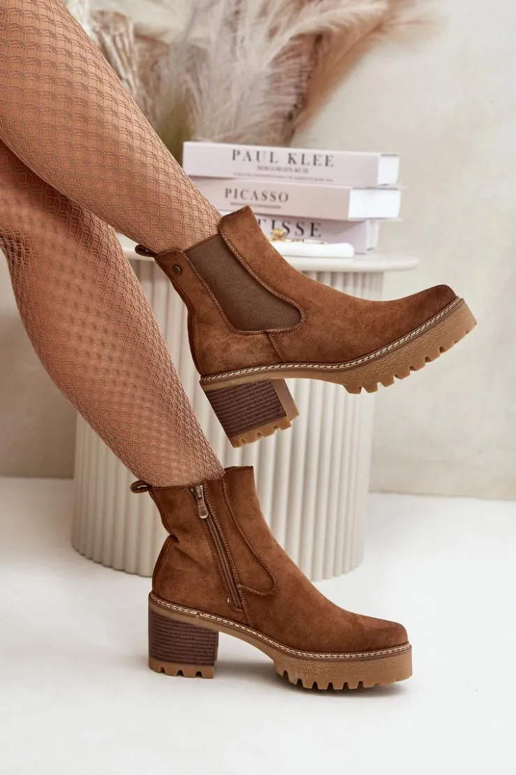 Damskie Boto Botki Damskie Ocieplane Na Słupku Eko Zamszowe Brązowe Irissinae