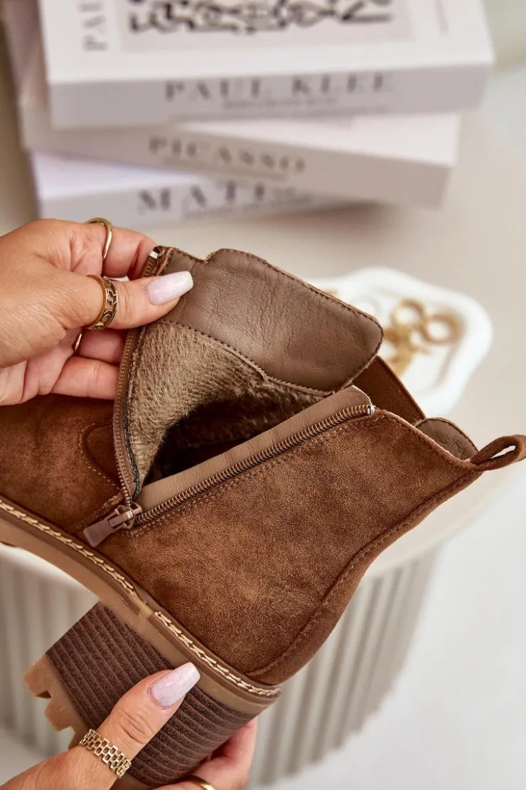 Damskie Boto Botki Damskie Ocieplane Na Słupku Eko Zamszowe Brązowe Irissinae