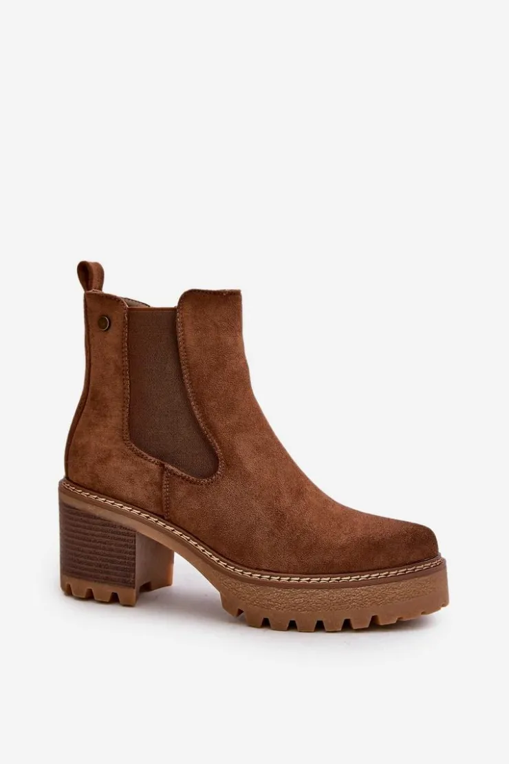 Damskie Boto Botki Damskie Ocieplane Na Słupku Eko Zamszowe Brązowe Irissinae