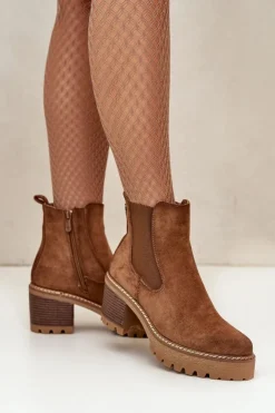 Damskie Boto Botki Damskie Ocieplane Na Słupku Eko Zamszowe Brązowe Irissinae