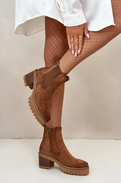 Damskie Boto Botki Damskie Ocieplane Na Słupku Eko Zamszowe Brązowe Irissinae