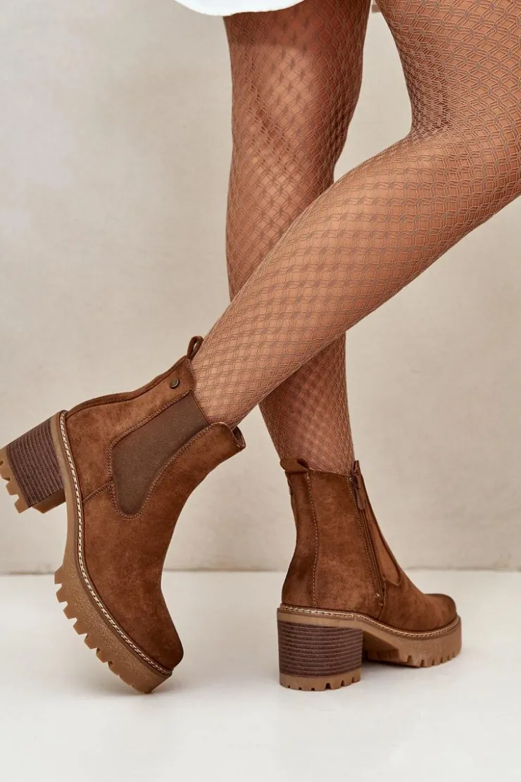 Damskie Boto Botki Damskie Ocieplane Na Słupku Eko Zamszowe Brązowe Irissinae